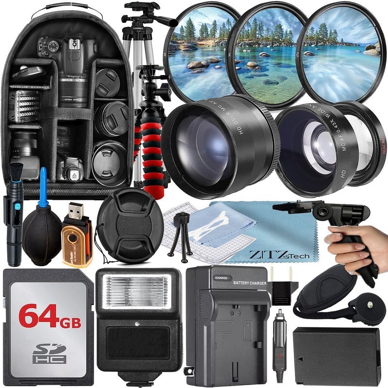 ZeeTech 49mm Accessory Bundle for Canon EOS: R50, R100, M5, M6 Mark II, M6, R10 + LP-E17 Battery + 64GB Memory Card + Battery Charger + Wide Angle + Telephoto Lens + Backpack + Tripod + More (24pc Bundle) - Image 1